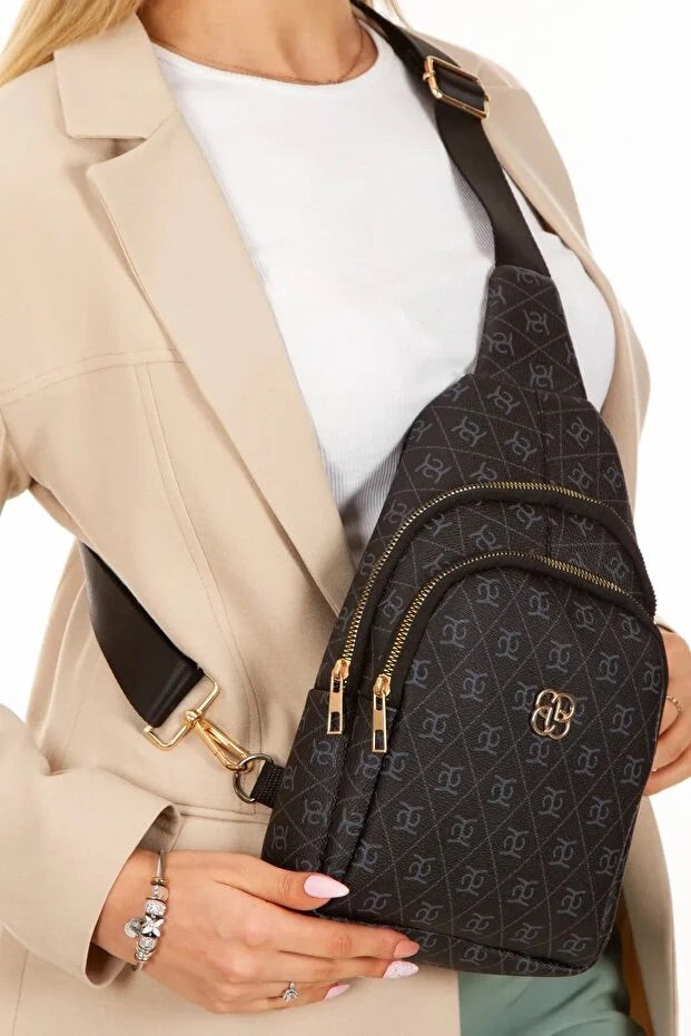 Women Black Leather Monogram Crossbody Belt Chest Shoulder Bag