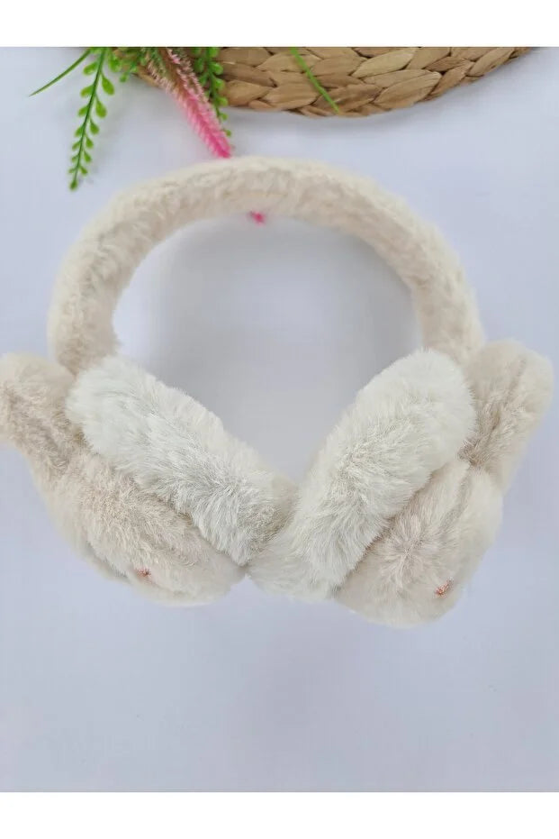 Girls Cream Plush Winter Earmuffs – Fluffy Bunny Ear Warmers for Kids