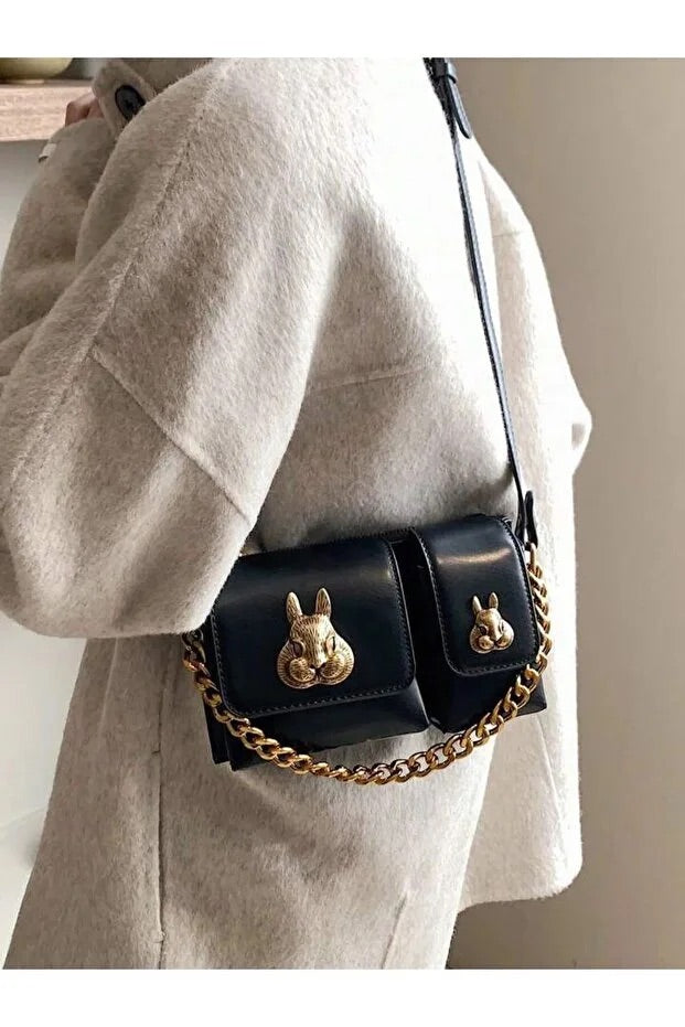 Women black baguette bag with squirrel accessory design elegant shoulder handbag