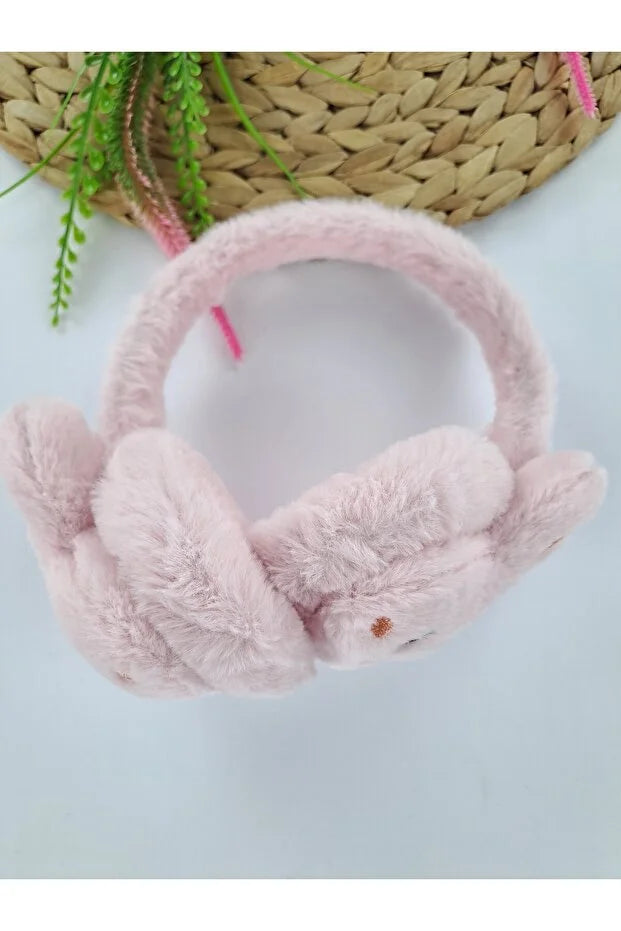 Girls Light Pink Plush Winter Earmuffs – Fluffy Bunny Ear Warmers for Kids