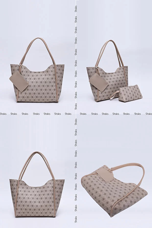 Monogram mink SHK108 faux leather women hand and shoulder bag with wallet and makeup bag