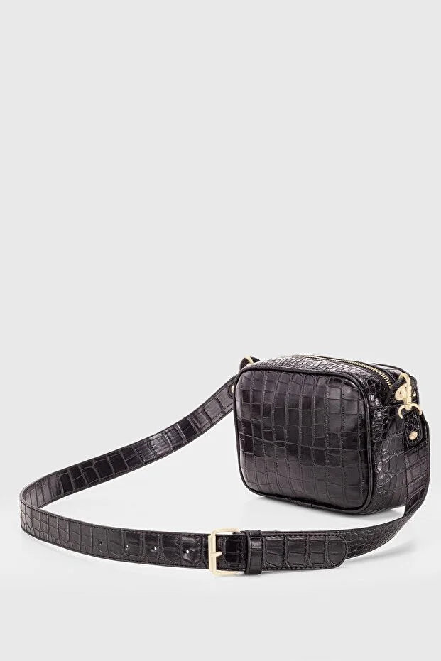 Black Croc Embossed Crossbody Bag for Women