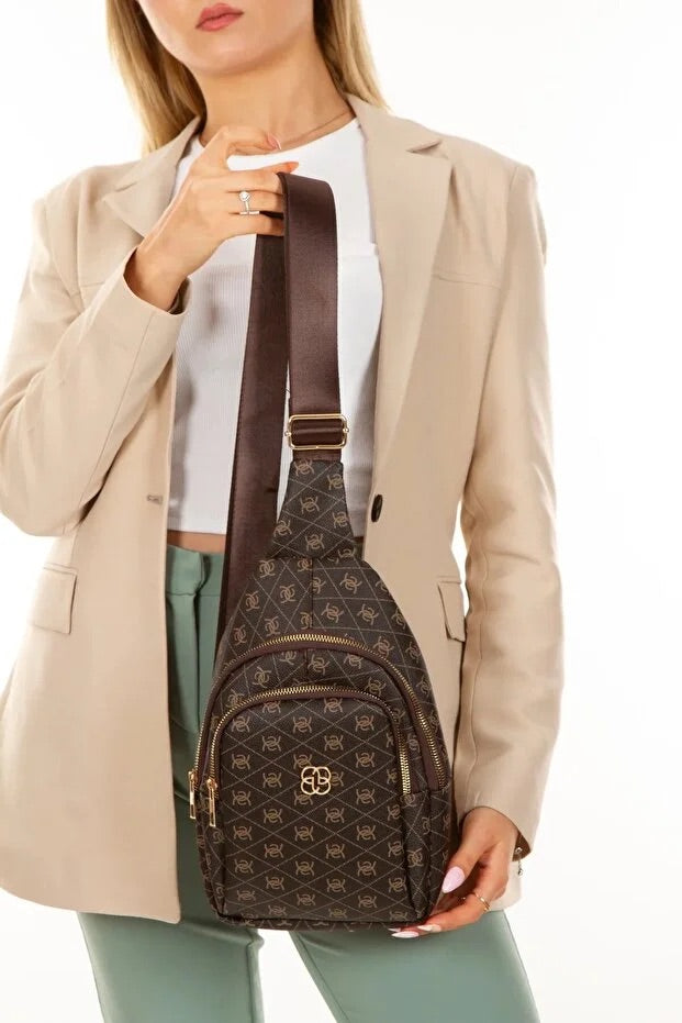 Women’s Brown Leather Monogram Crossbody Belt Chest and Shoulder Bag