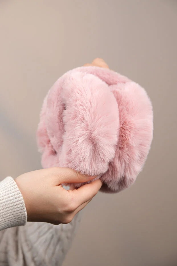 Soft Pink Plush Foldable Earmuffs – Cold Weather Protective Ear Warmers