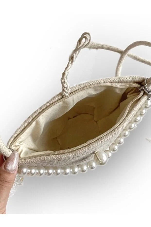 Women off white shoulder bag with pearl design elegant baguette handbag