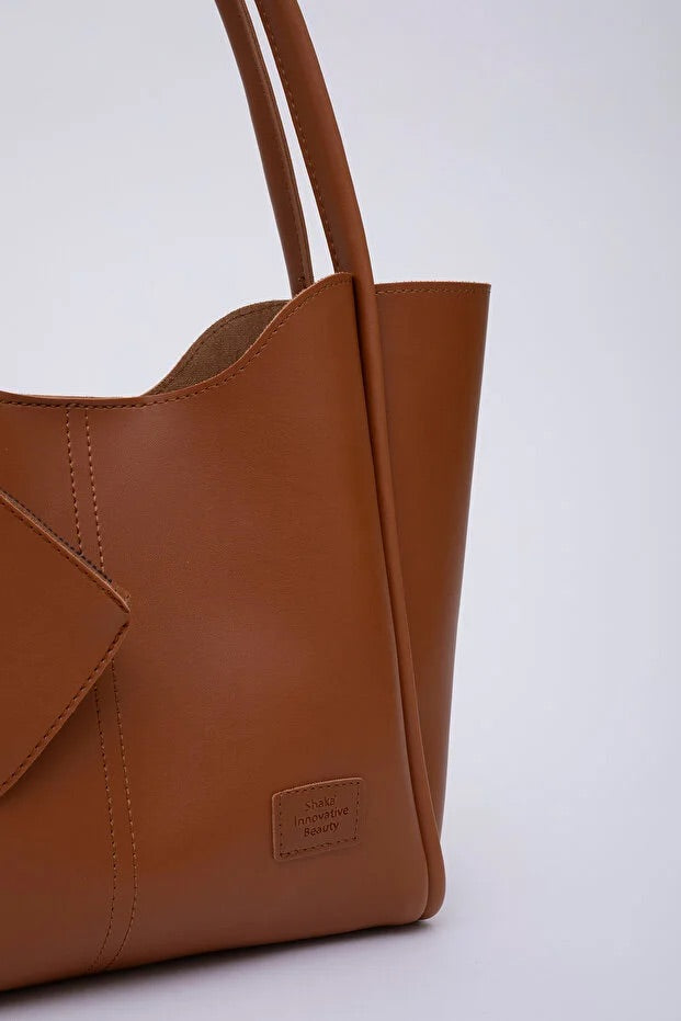 Tan SHK108 faux leather women hand and shoulder bag with wallet and makeup bag