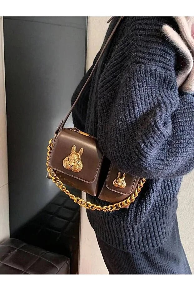 Women camel baguette bag with squirrel accessory design stylish shoulder handbag