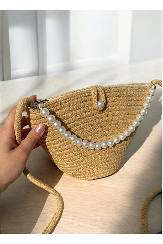Women latte brown pearl design shoulder bag elegant daily handbag
