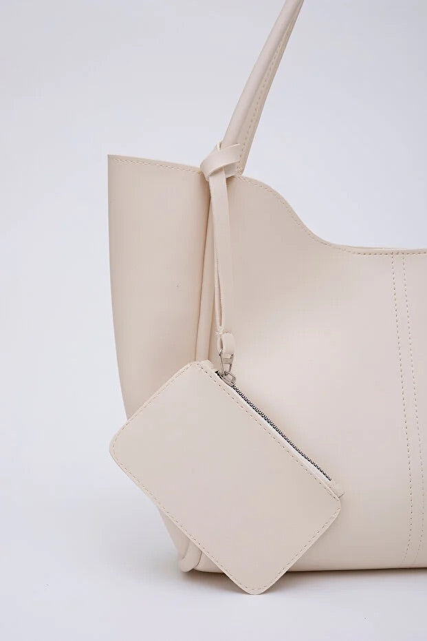 Cream SHK108 faux leather women hand and shoulder bag with wallet and makeup bag