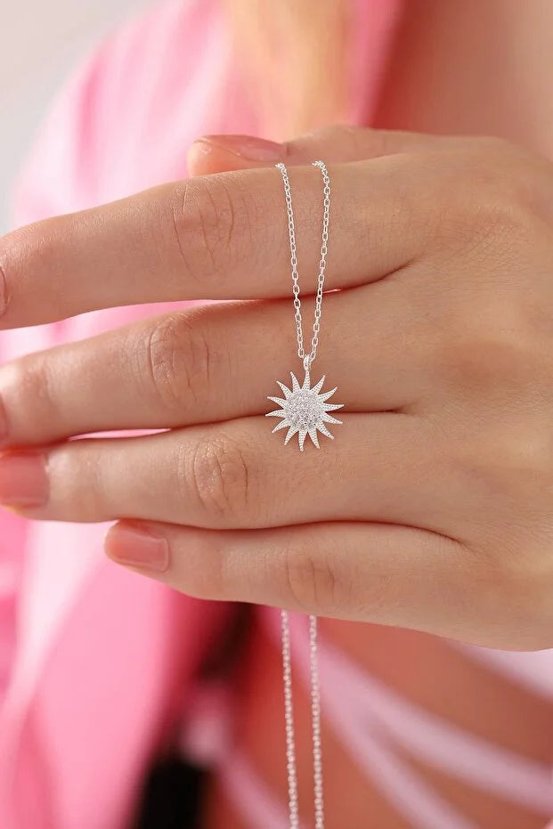 925 Sterling Silver Sun Pendant Necklace with White Zircon Stone