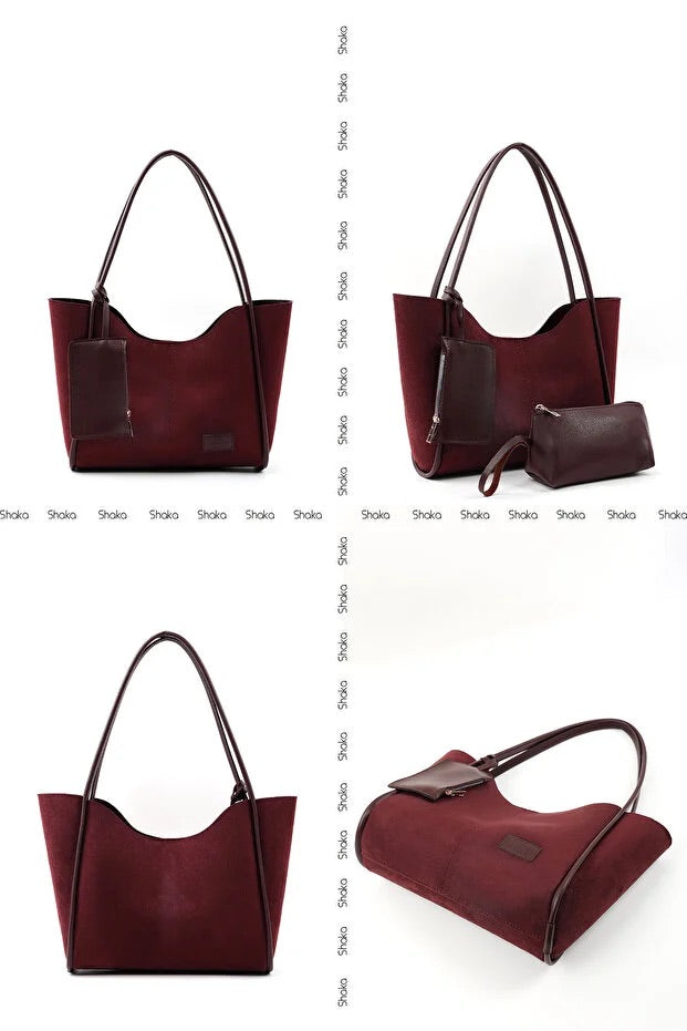 Brown SHK108 faux leather women hand and shoulder bag with wallet and makeup bag