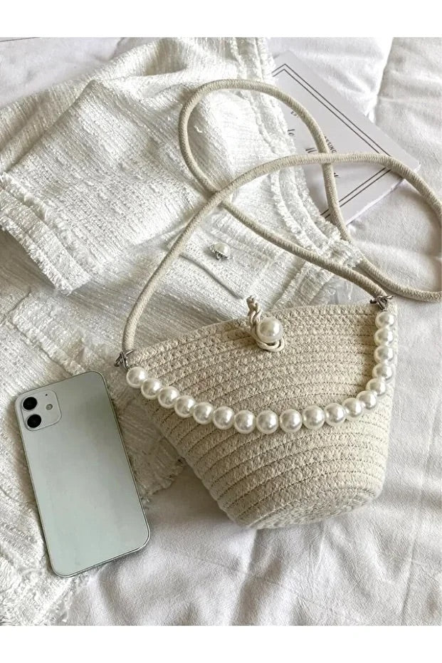 Women off white shoulder bag with pearl design elegant baguette handbag