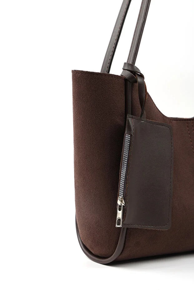 Brown suede SHK108 women hand and shoulder bag with wallet and makeup bag