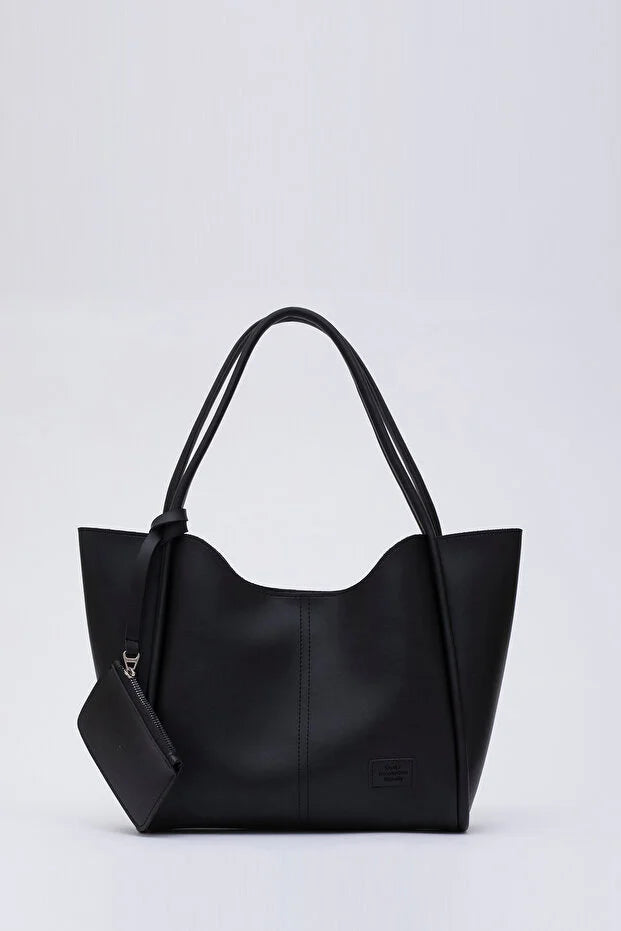 Black SHK108 snap closure faux leather women hand and shoulder bag with detachable wallet and makeup bag spacious daily