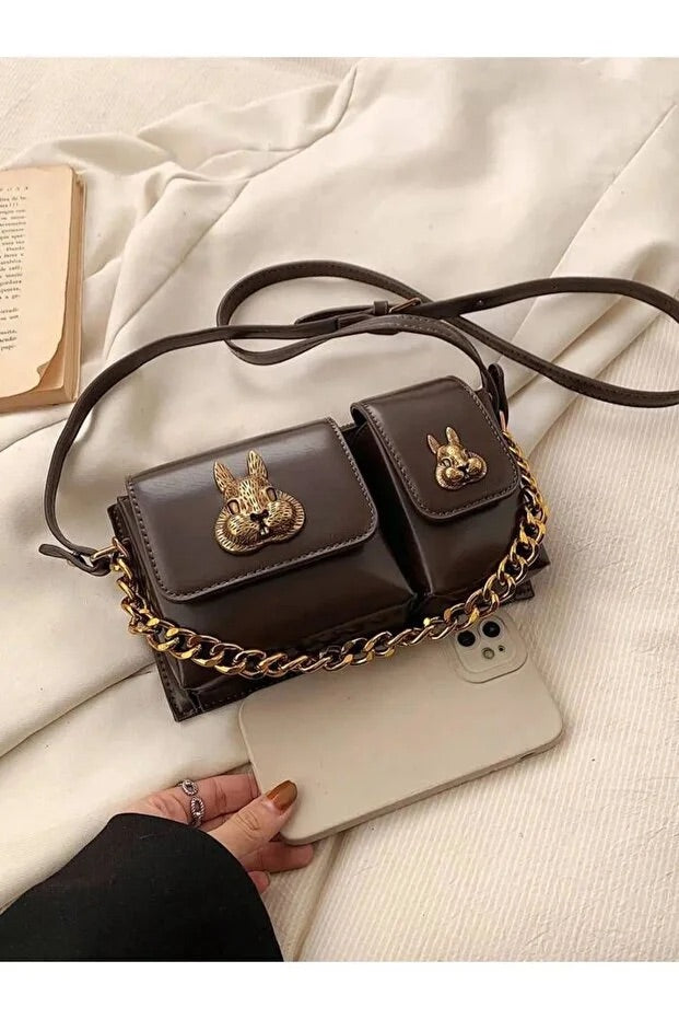 Women camel baguette bag with squirrel accessory design stylish shoulder handbag