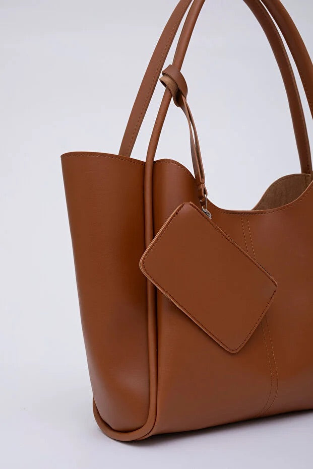 Tan SHK108 faux leather women hand and shoulder bag with wallet and makeup bag