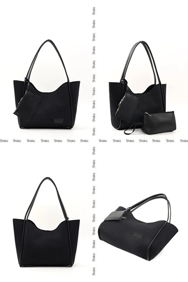 Black suede SHK108 women hand and shoulder bag with wallet and makeup bag