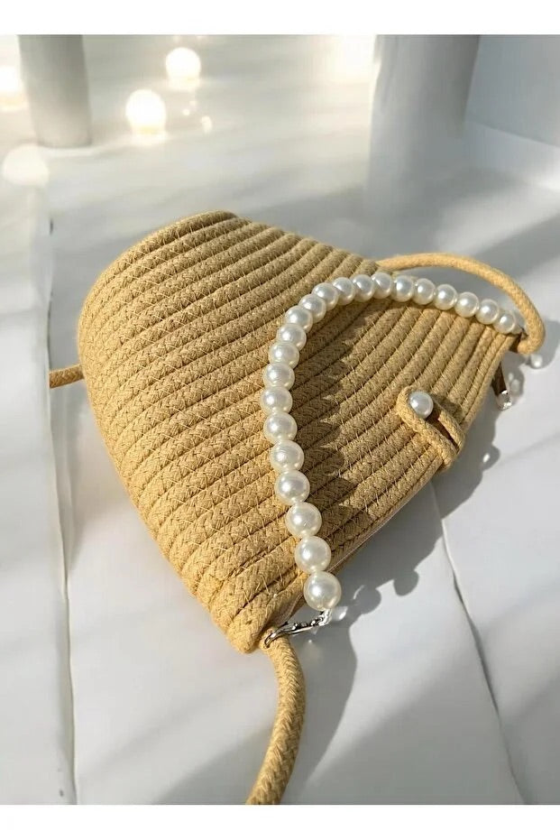 Women latte brown pearl design shoulder bag elegant daily handbag