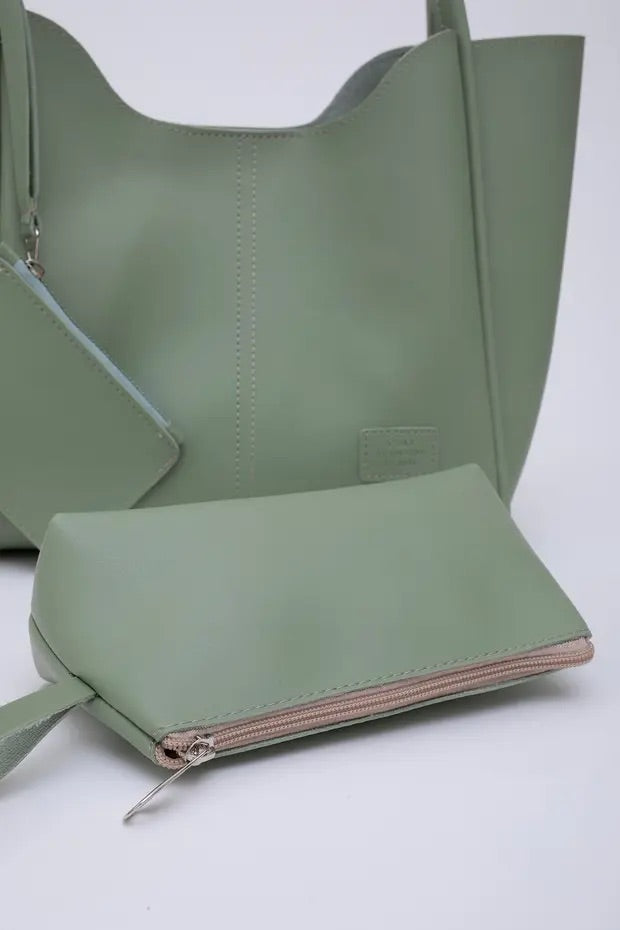 Mint green SHK108 faux leather women hand and shoulder bag with wallet and makeup bag