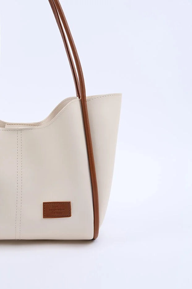 Cream tan SHK108 faux leather women hand and shoulder bag with wallet and makeup bag