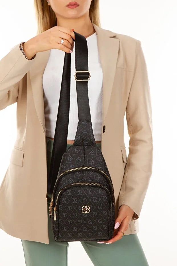 Women Black Leather Monogram Crossbody Belt Chest Shoulder Bag