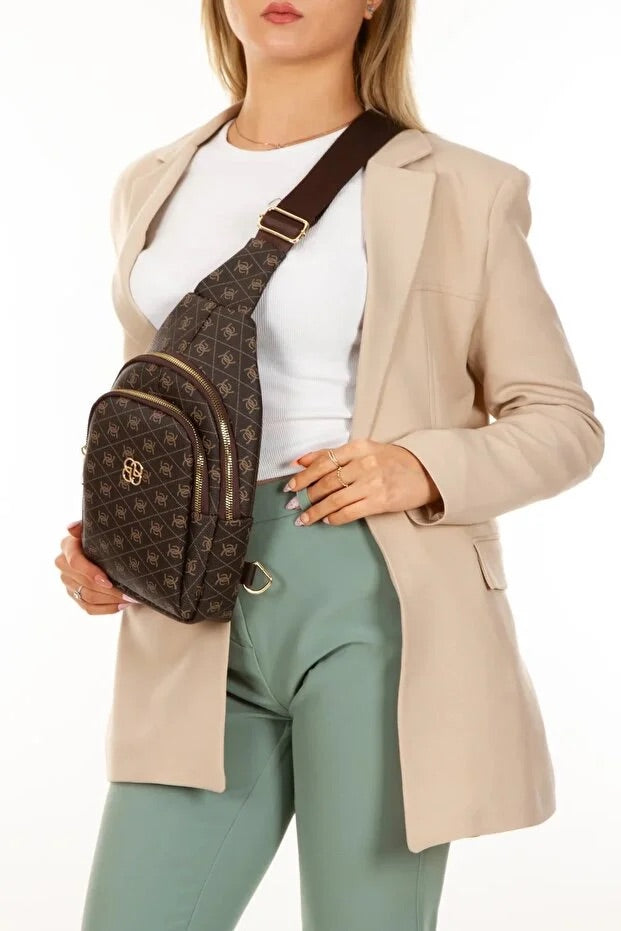 Women’s Brown Leather Monogram Crossbody Belt Chest and Shoulder Bag