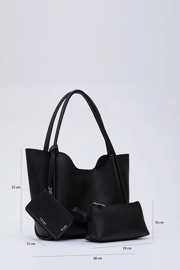 Black SHK108 snap closure faux leather women hand and shoulder bag with detachable wallet and makeup bag spacious daily