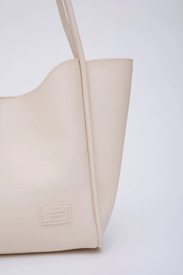 Cream SHK108 faux leather women hand and shoulder bag with wallet and makeup bag