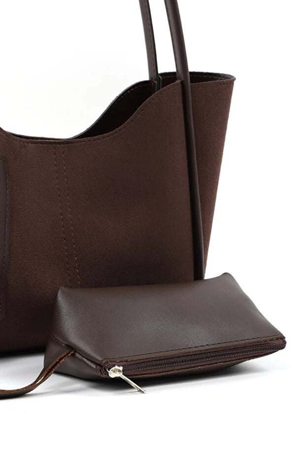 Brown suede SHK108 women hand and shoulder bag with wallet and makeup bag