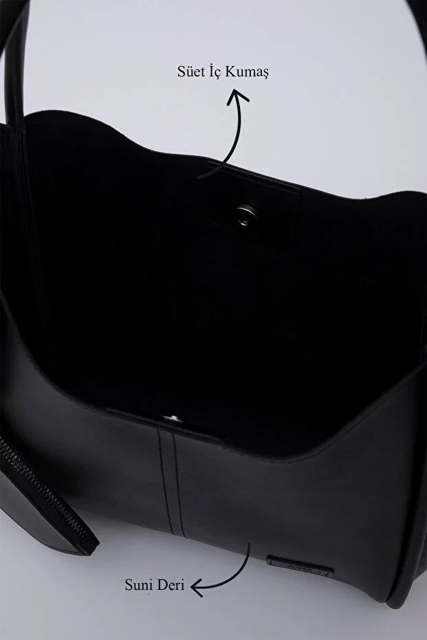 Black SHK108 snap closure faux leather women hand and shoulder bag with detachable wallet and makeup bag spacious daily