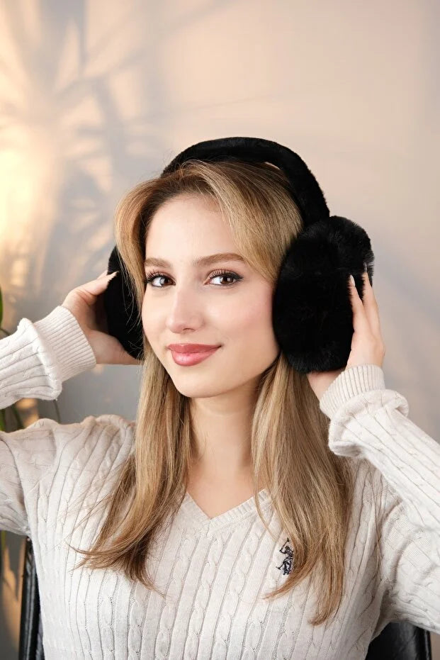 Soft Black Plush Foldable Earmuffs – Cold Weather Protective Ear Warmers