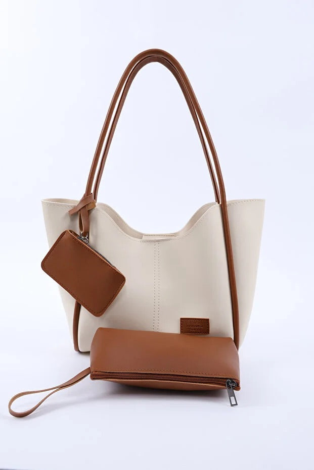 Cream tan SHK108 faux leather women hand and shoulder bag with wallet and makeup bag