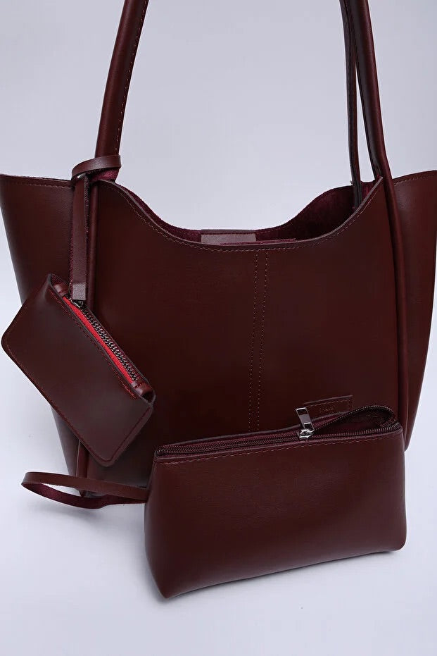 Burgundy SHK108 faux leather women hand and shoulder bag with wallet and makeup bag