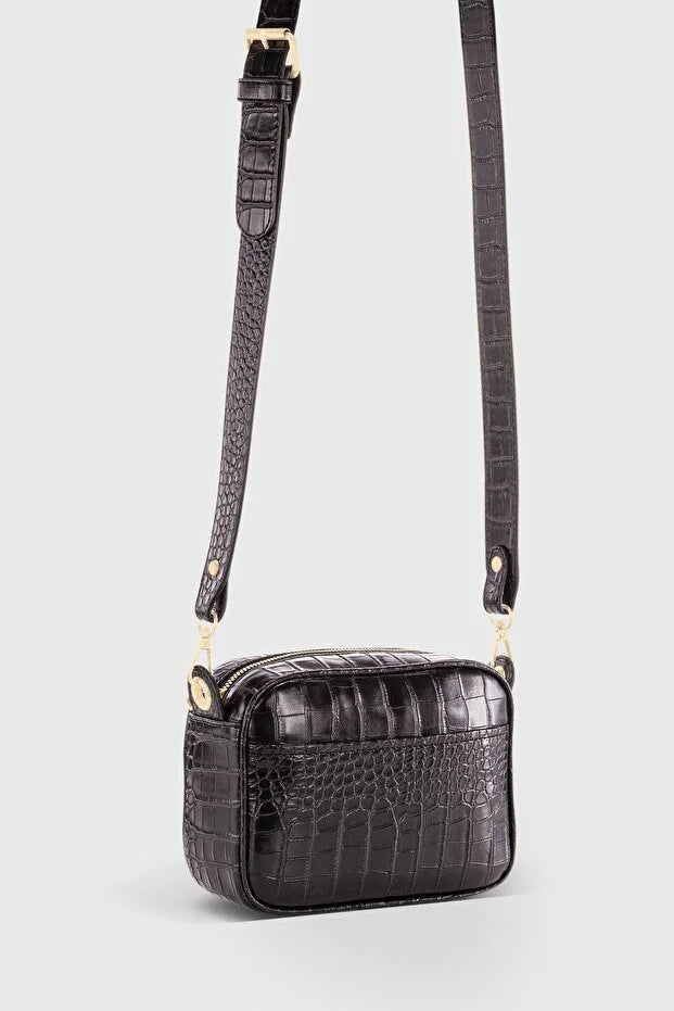 Black Croc Embossed Crossbody Bag for Women