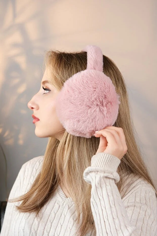 Soft Pink Plush Foldable Earmuffs – Cold Weather Protective Ear Warmers