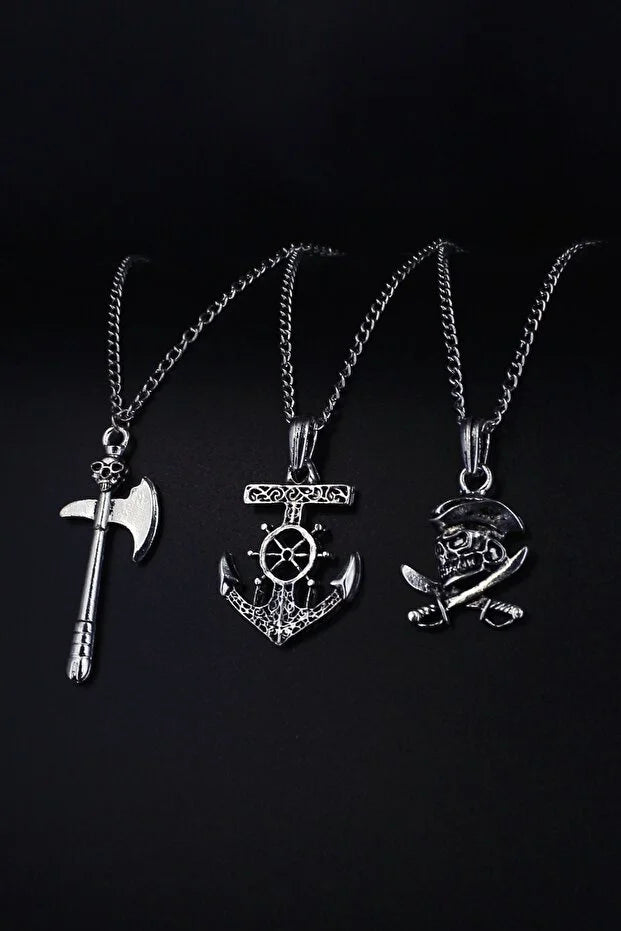3 Piece Pirate Sword Anchor Skull Pendant Necklace Set Men