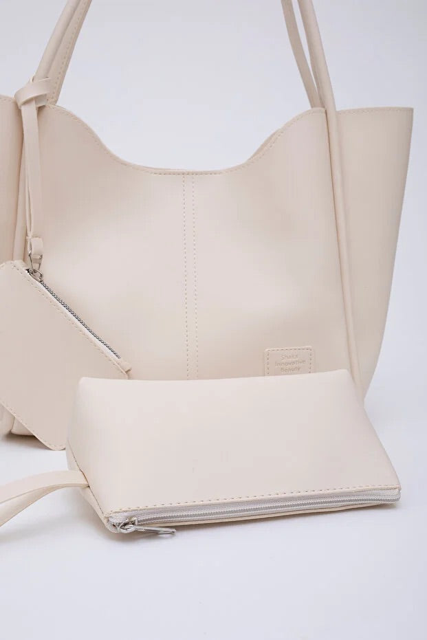 Cream SHK108 faux leather women hand and shoulder bag with wallet and makeup bag