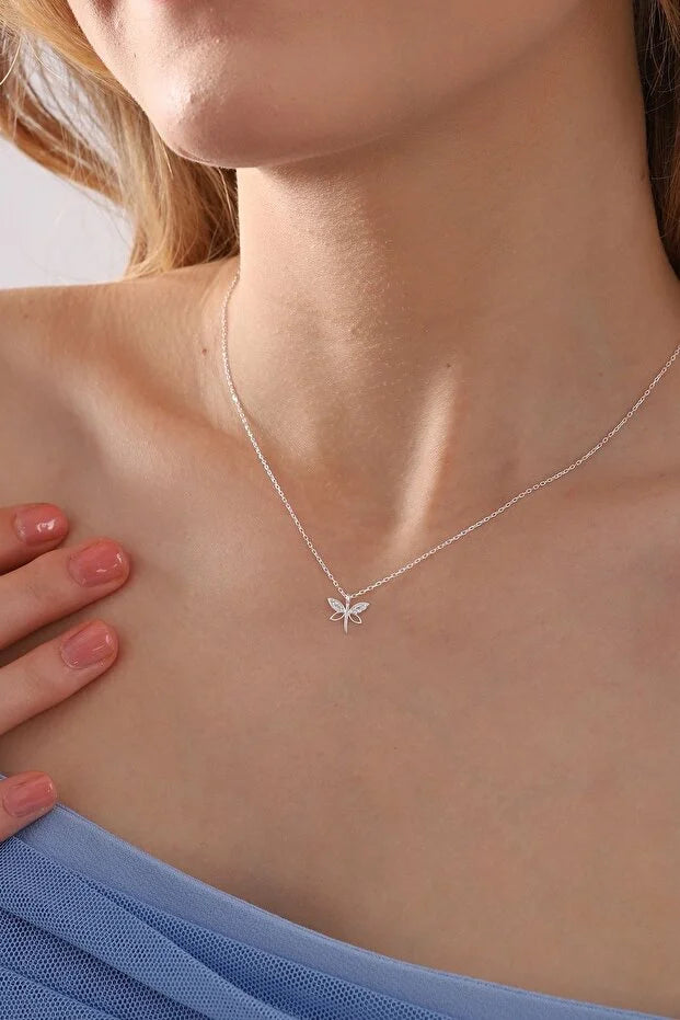925 Sterling Silver Minimal Dragonfly Necklace with White Zircon Stone