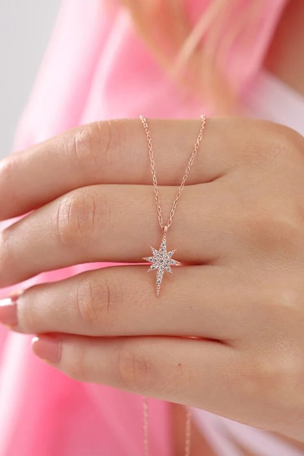 925 Sterling Silver North Star Necklace with Zircon Stones Rose Gold Plated