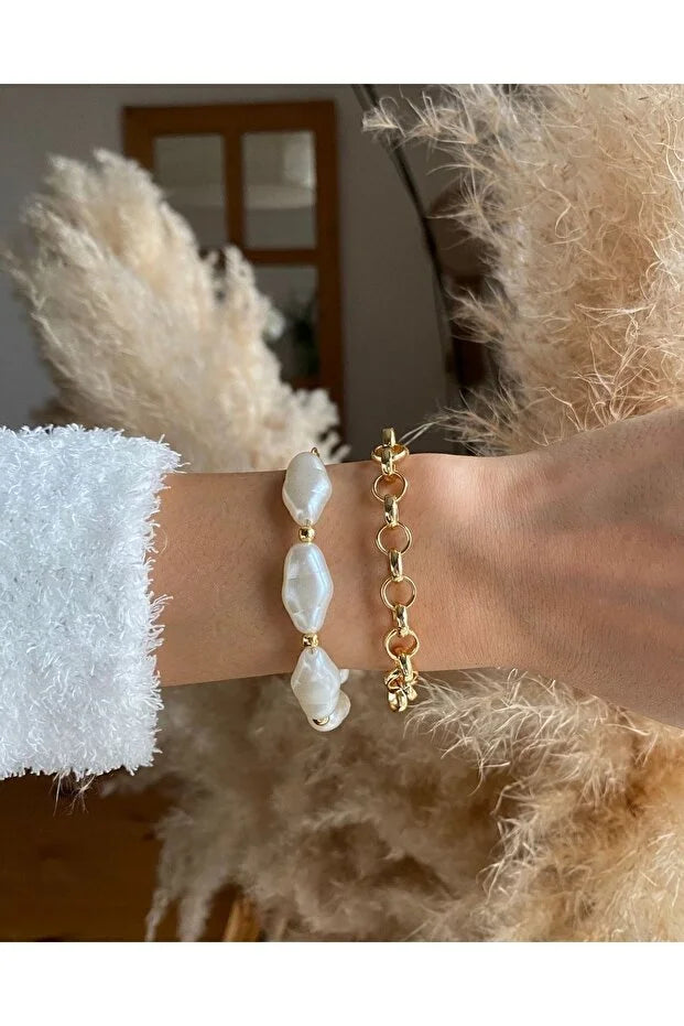 Pearl Chain Bracelet Set Adjustable Two Piece Elegant Minimalist Layered Fashion Jewelry Gift for Her