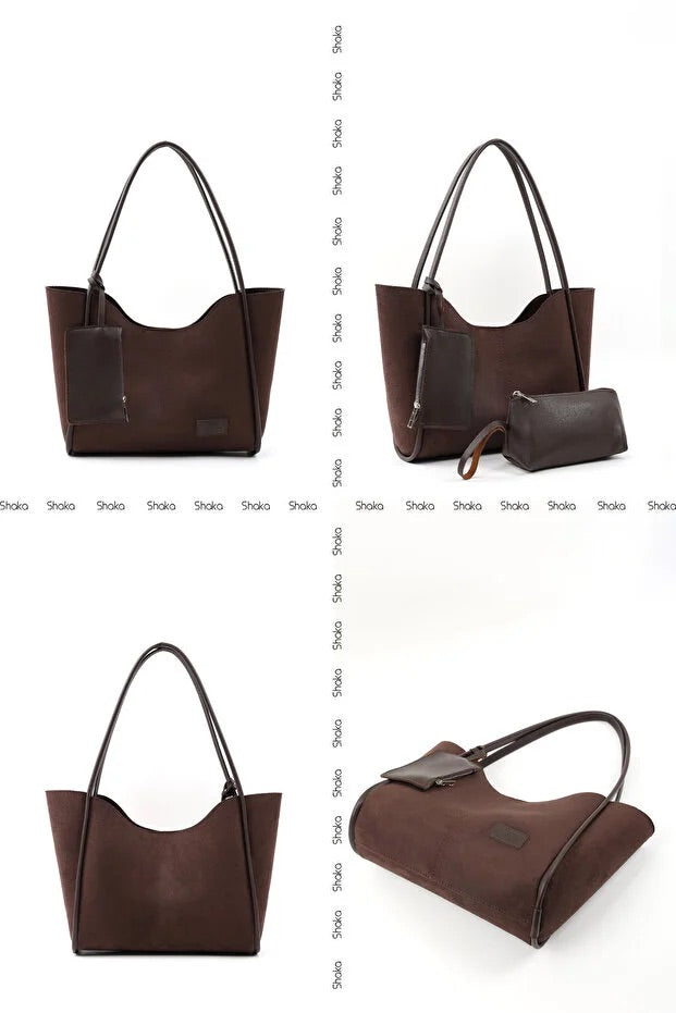 Brown suede SHK108 women hand and shoulder bag with wallet and makeup bag
