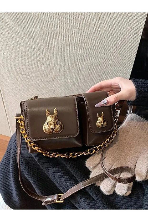 Women brown baguette bag with squirrel accessory design stylish shoulder handbag