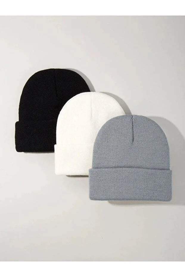 Unisex Foldable Beanie Hat Set – Black White & Grey (3-Pack)