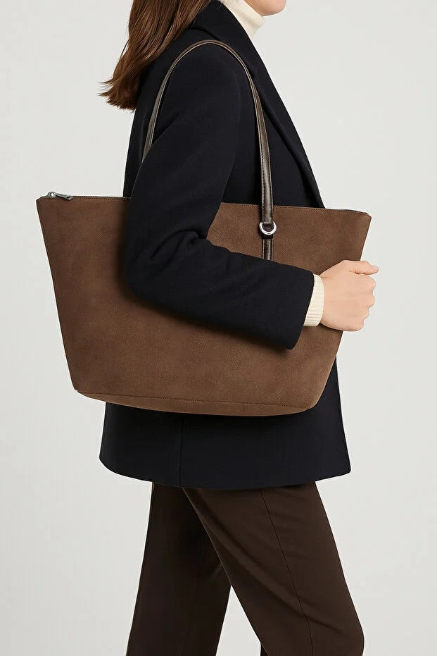 Brown Suede Shopper Bag For Women