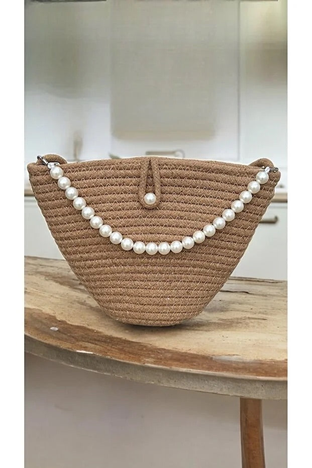 Women dark brown pearl design classic shoulder bag elegant daily handbag