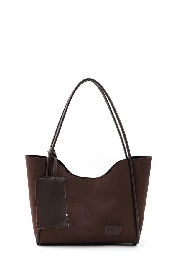 Brown suede SHK108 women hand and shoulder bag with wallet and makeup bag
