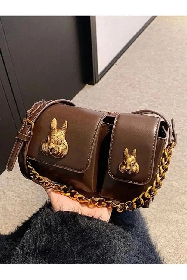 Women camel baguette bag with squirrel accessory design stylish shoulder handbag