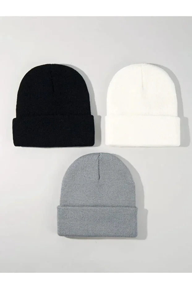 Unisex Foldable Beanie Hat Set – Black White & Grey (3-Pack)