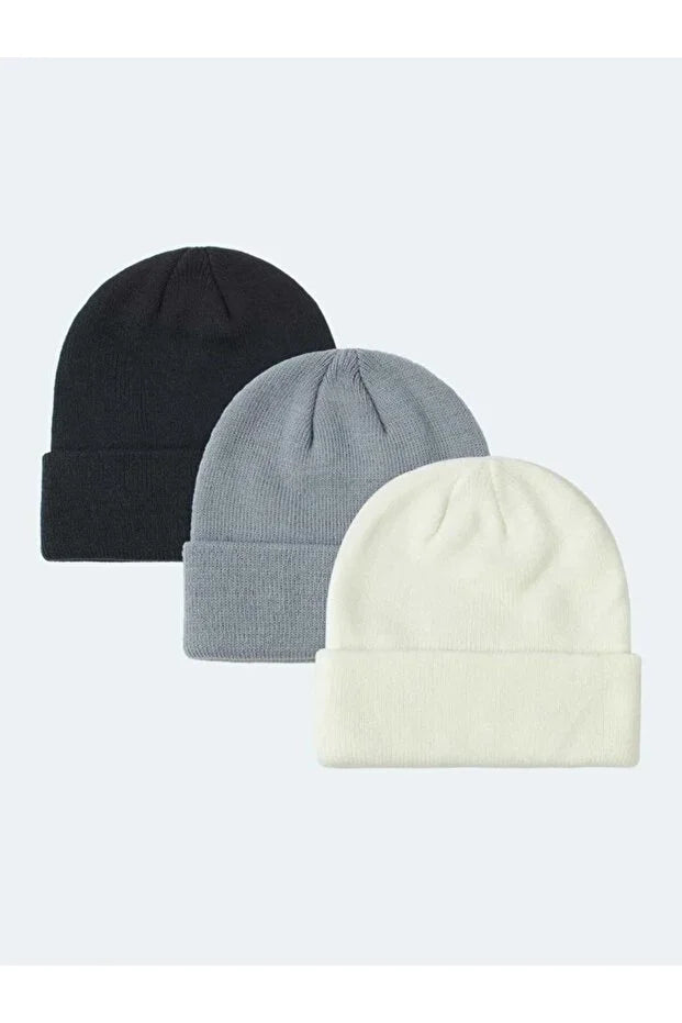 Unisex Foldable Beanie Hat Set – Black White & Grey (3-Pack)