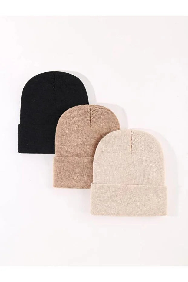 Unisex Foldable Beanie Hat Set – Black Light Taupe & Stone (3-Pack)